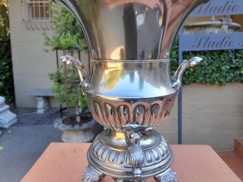 A 20th Century Silver Plate Hot Water Urn With Top On Lion Paw Feet