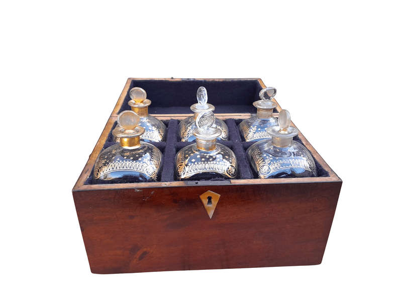 A 20th Century Decanter Velvet Lined Box With Six Decanters And Two Crystal Glasses