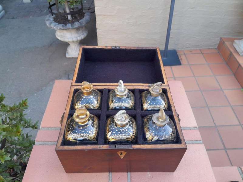 A 20th Century Decanter Velvet Lined Box With Six Decanters And Two Crystal Glasses