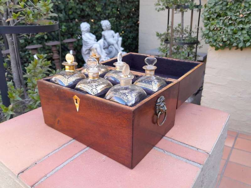 A 20th Century Decanter Velvet Lined Box With Six Decanters And Two Crystal Glasses