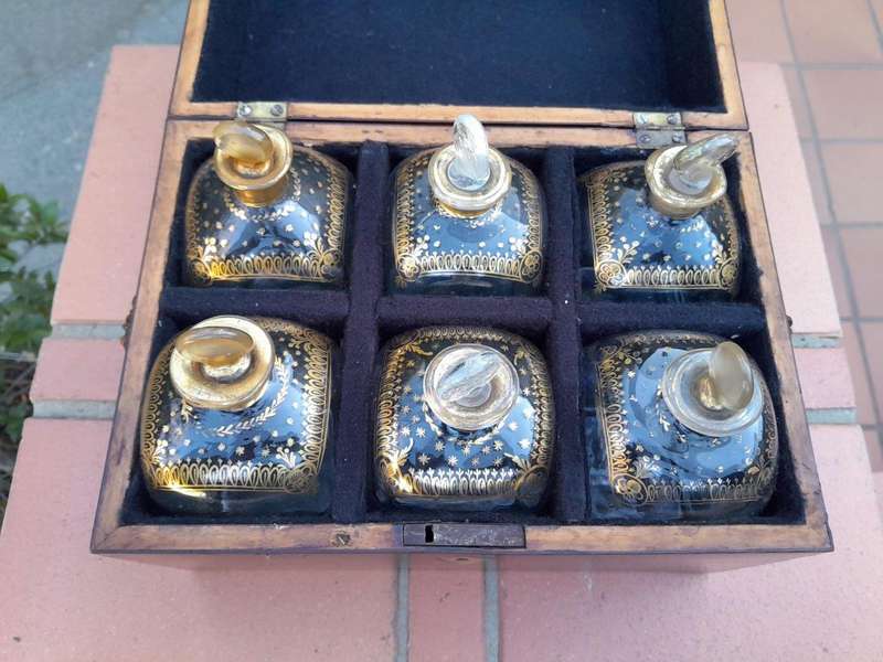 A 20th Century Decanter Velvet Lined Box With Six Decanters And Two Crystal Glasses
