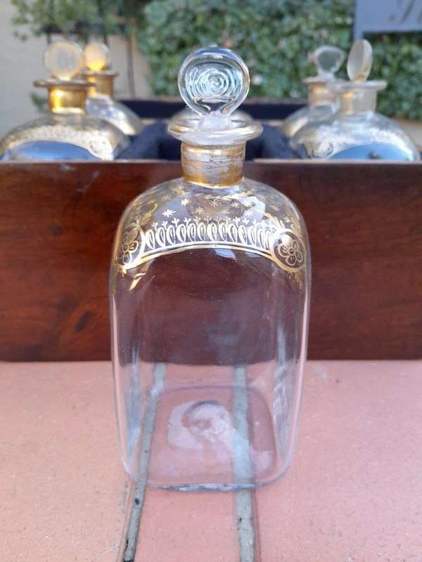 A 20th Century Decanter Velvet Lined Box With Six Decanters And Two Crystal Glasses