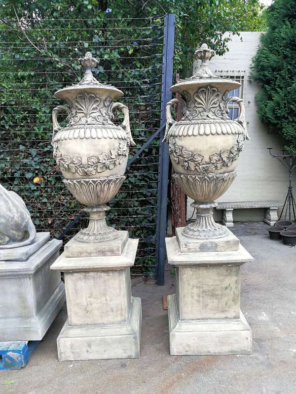 Pair of Very Large 20th Century English Cast Stone Concrete Regency-style Lidded Urns On Concrete...
