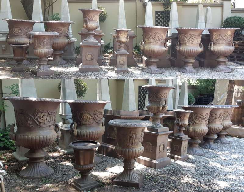 20TH Century French Set of Five Massive Cast Iron Urns on Plinths