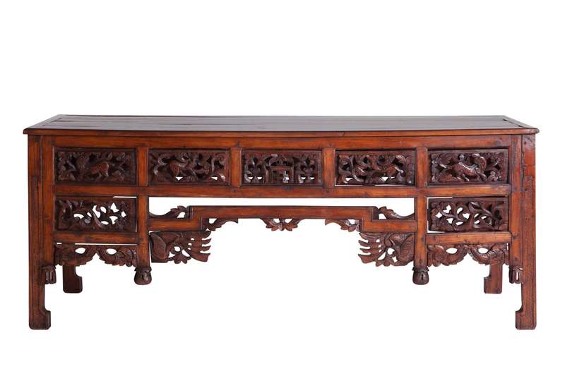 Late 19th / Early 20th Century Carved Chinese Elm Wood 2 Drawer Table of Large Proportions, circa...