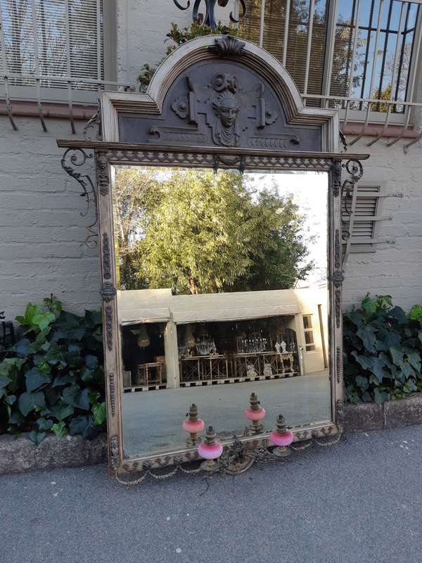 Victorian Gilded Mirror  Wooden Mirror with a Brass Rim and Oil Lamps.  Circa Mid/Late 1800s