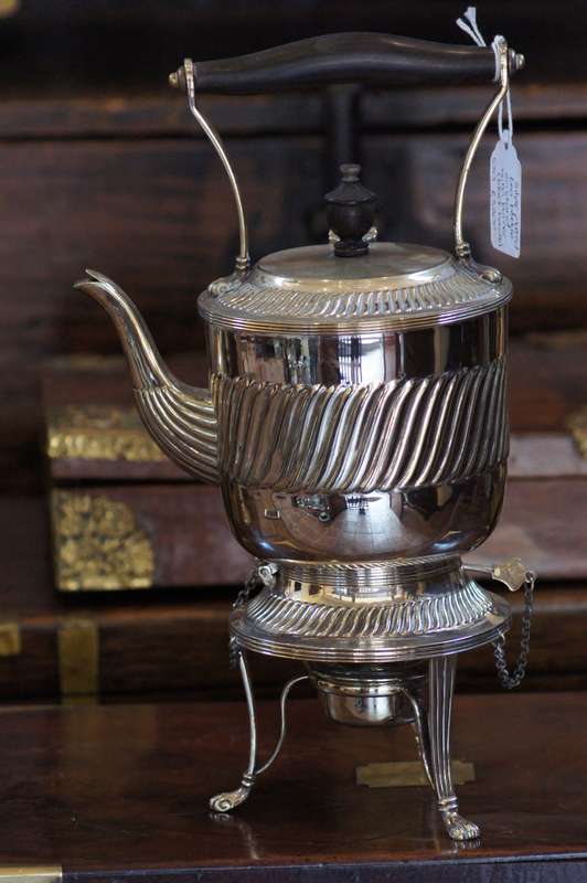Silver Plated Tea Kettle On Stand With Burner (Black Handle)