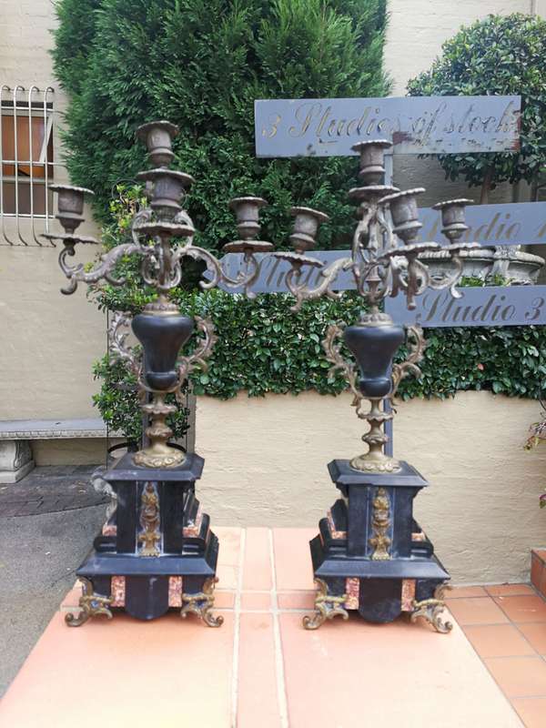 A 20TH Century French Ornate Pair of Bronze and Marble Candelabrum 