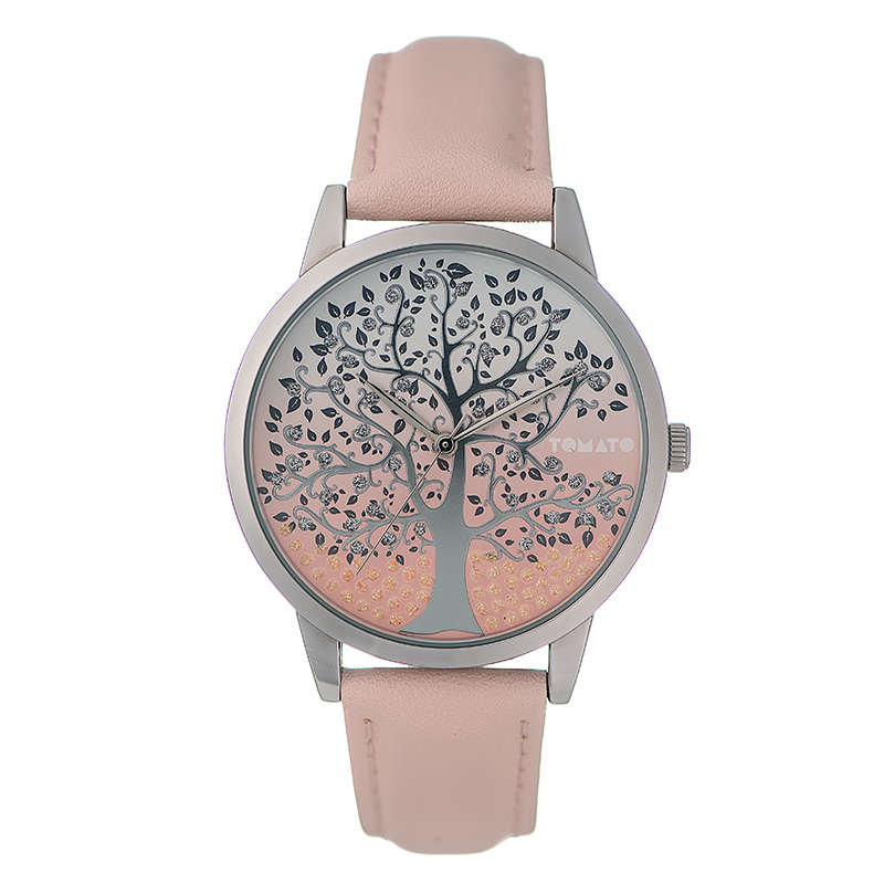 Tomato Ladies Timepiece With A Bohemian Flair Pink Dial, Silver Detail A Pink Modern Vegan leather
