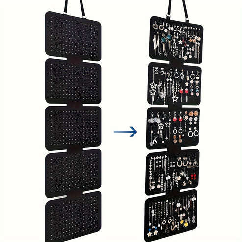 1pc Elegant Black Felt Jewelry Organizer 5 Tiers Hanging Storage