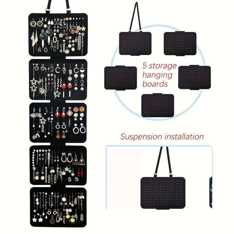 1pc Elegant Black Felt Jewelry Organizer 5 Tiers Hanging Storage