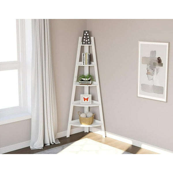 Bookshelf Corner Shelf 63inch H White with 5 Tiers and Borders for Living Room, Bookcase