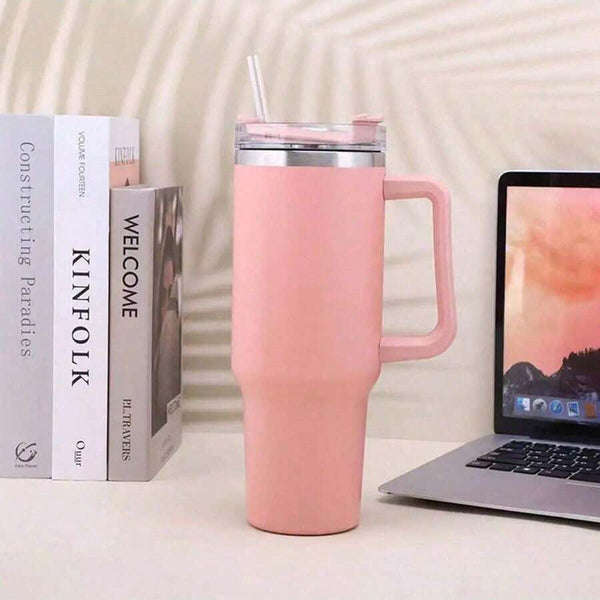 Cold Drink Cup With Handle And Straw, Stainless Steel Flat Bottom Cup With Handle