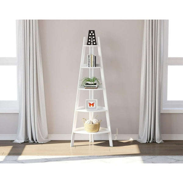 Bookshelf Corner Shelf 63inch H White with 5 Tiers and Borders for Living Room, Bookcase