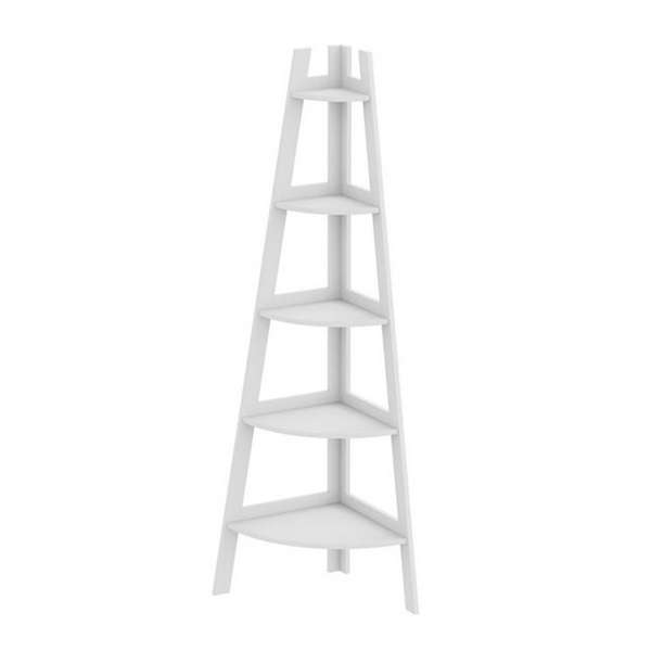 Bookshelf Corner Shelf 63inch H White with 5 Tiers and Borders for Living Room, Bookcase