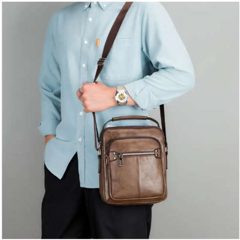 Men's Business Casual Faux Leather Crossbody Bag Large Capacity Adjustable Shoulder Strap Dark Brown