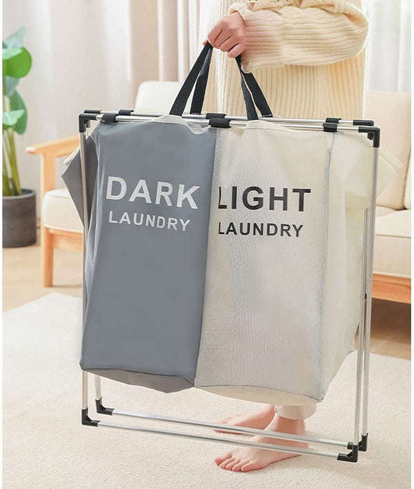 Laundry Basket Foldable 2 Sections Dirty Clothes Hamper with Aluminum Frame Waterproof Sorter Basket