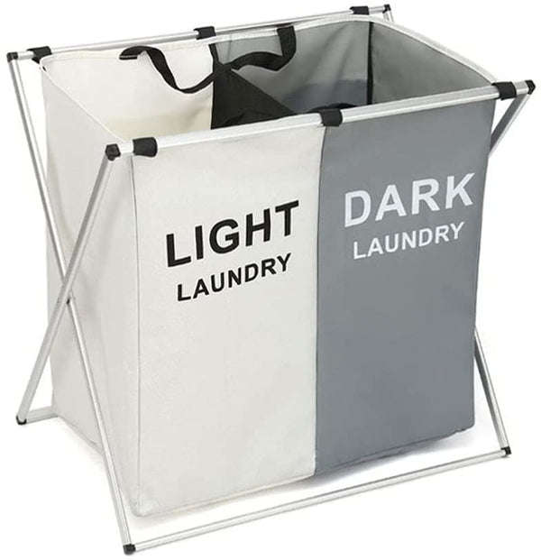Laundry Basket Foldable 2 Sections Dirty Clothes Hamper with Aluminum Frame Waterproof Sorter Basket