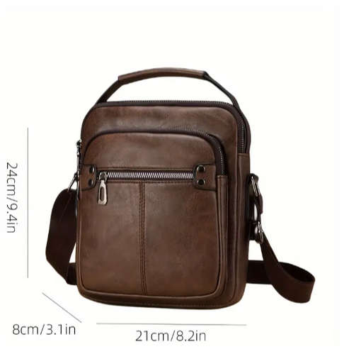 Men's Business Casual Faux Leather Crossbody Bag Large Capacity Adjustable Shoulder Strap Dark Brown