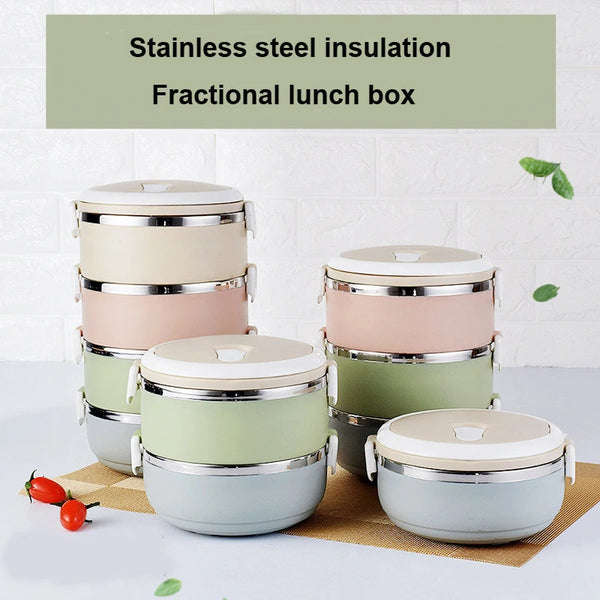 Stainless Steel Lunch Box Round Shape Portable Kids Food Container Picnic 3in1