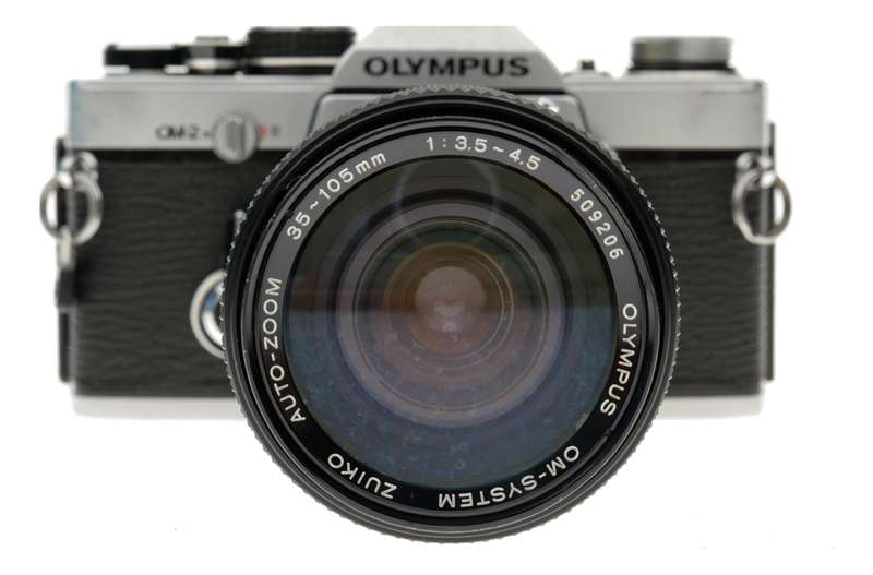 Olympus OM-2 camera body chrome with OM-System 35-105 zoom