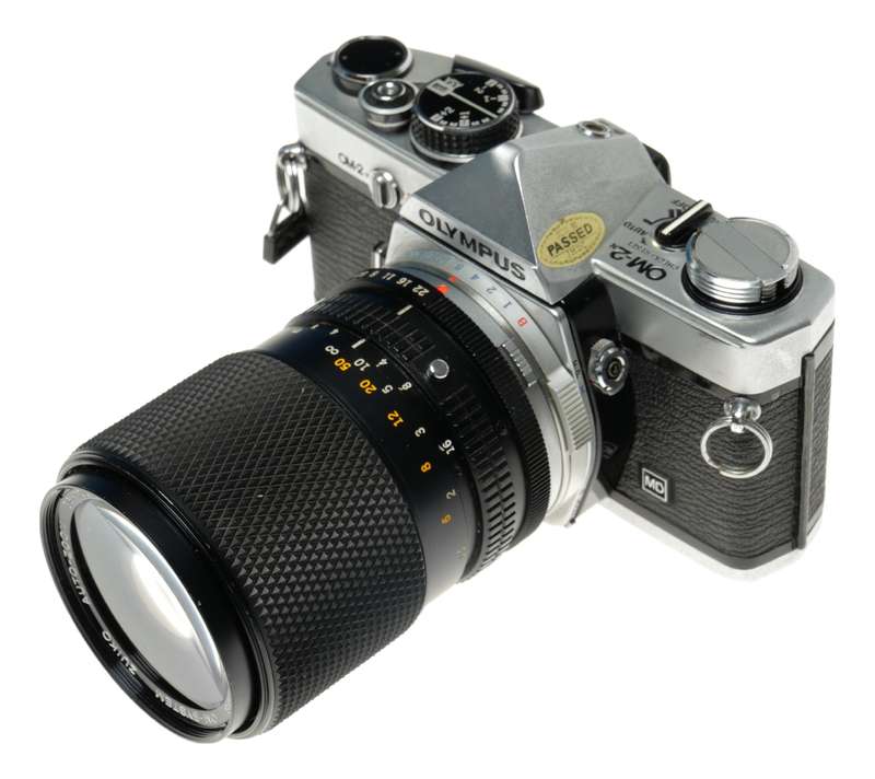 Olympus OM-2 camera body chrome with OM-System 35-105 zoom