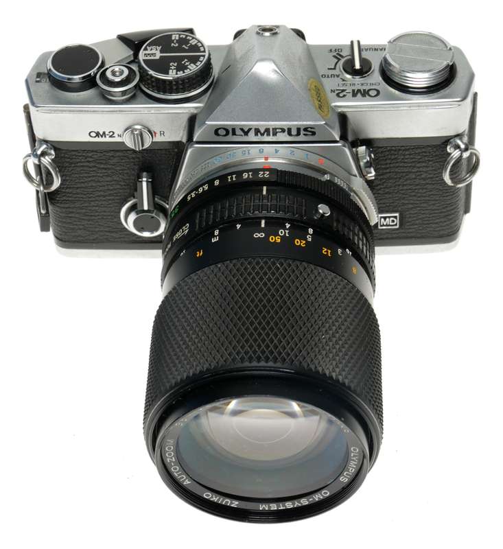Olympus OM-2 camera body chrome with OM-System 35-105 zoom