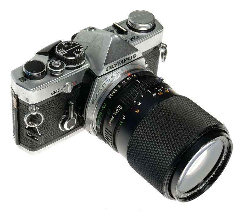 Olympus OM-2 camera body chrome with OM-System 35-105 zoom