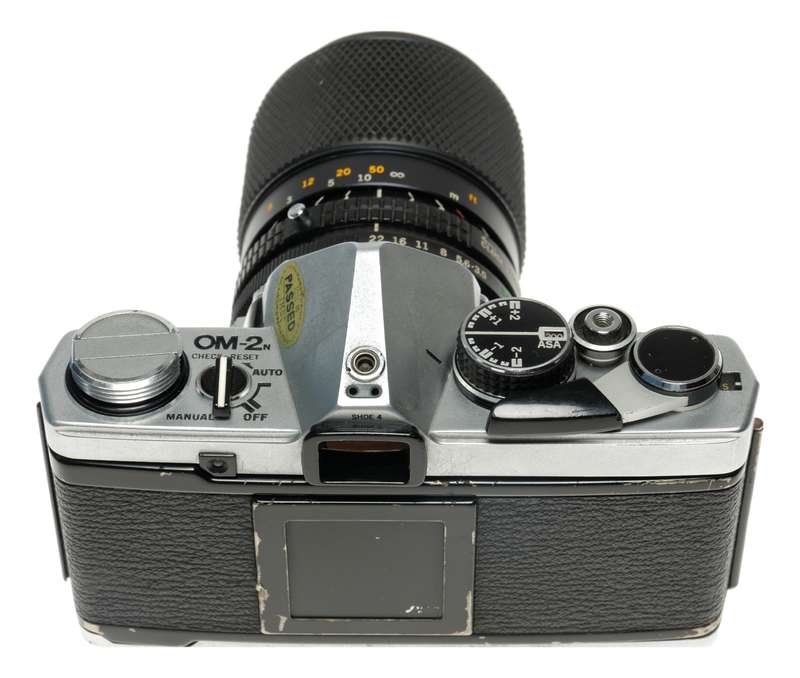 Olympus OM-2 camera body chrome with OM-System 35-105 zoom