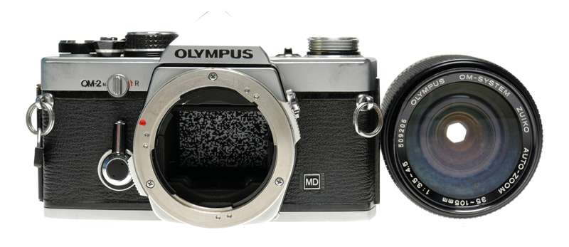 Olympus OM-2 camera body chrome with OM-System 35-105 zoom