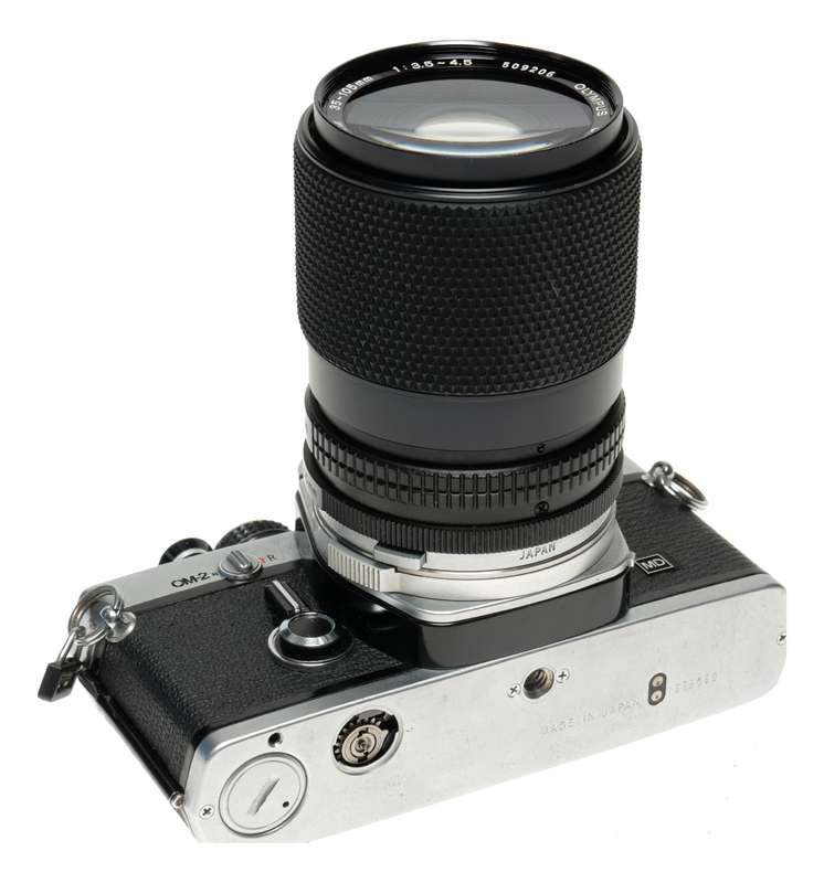 Olympus OM-2 camera body chrome with OM-System 35-105 zoom