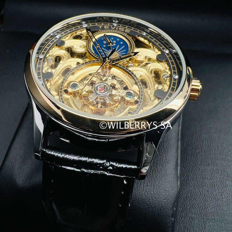 Retail: R1,999.00 TEVISE ® Men`s Pirogue II Leather Automatic Moonphase Gold Trim Watch BRAND NEW