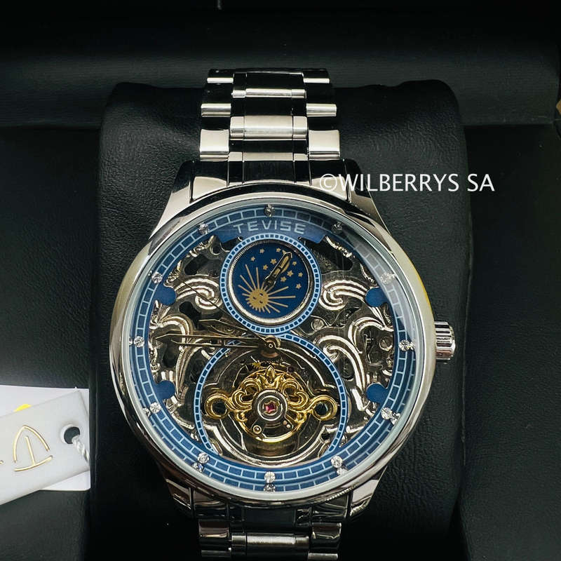 Retail: R2,399.00 TEVISE ® Men`s Pirogue II Silver Blue Automatic Moonphase Watch BRAND NEW