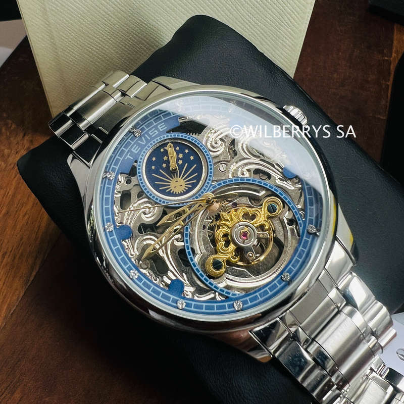 Retail: R2,399.00 TEVISE ® Men`s Pirogue II Silver Blue Automatic Moonphase Watch BRAND NEW