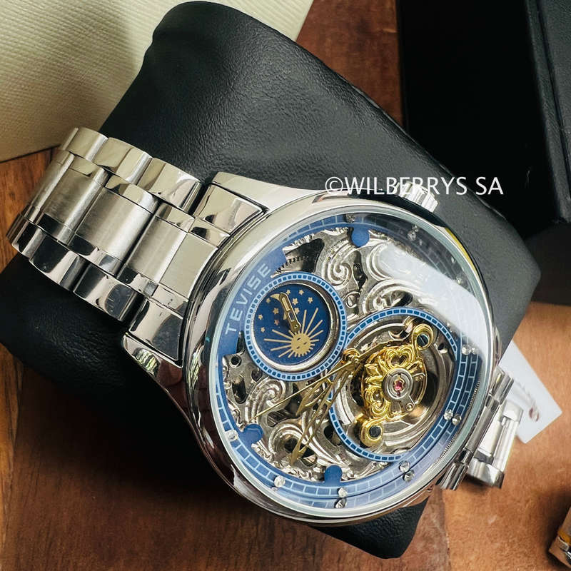 Retail: R2,399.00 TEVISE ® Men`s Pirogue II Silver Blue Automatic Moonphase Watch BRAND NEW