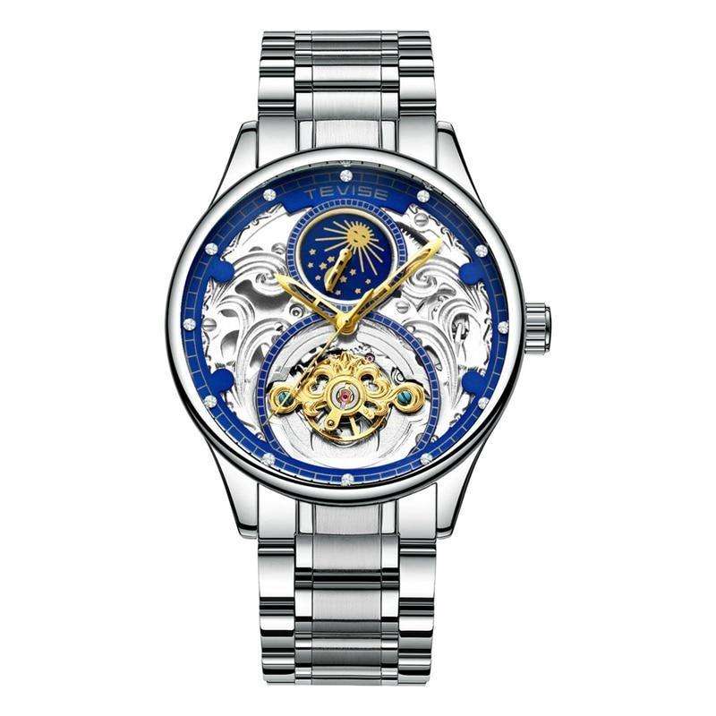 Retail: R2,399.00 TEVISE ® Men`s Pirogue II Silver Blue Automatic Moonphase Watch BRAND NEW