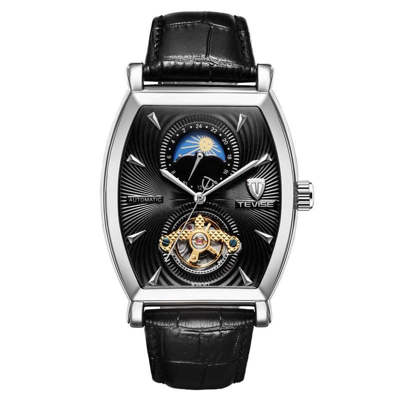 Retail: R2,899.00 TEVISE ® Men`s Tonneux Barista Moonphase Automatic Silver/Black Watch BRAND NEW