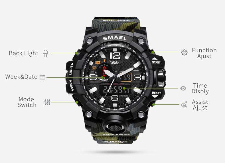 SMAEL Men`s SHOCK PROOF Mens mixmaster 50mm Black / Green Green Watch WATER RESISTANT **BRAND NEW**