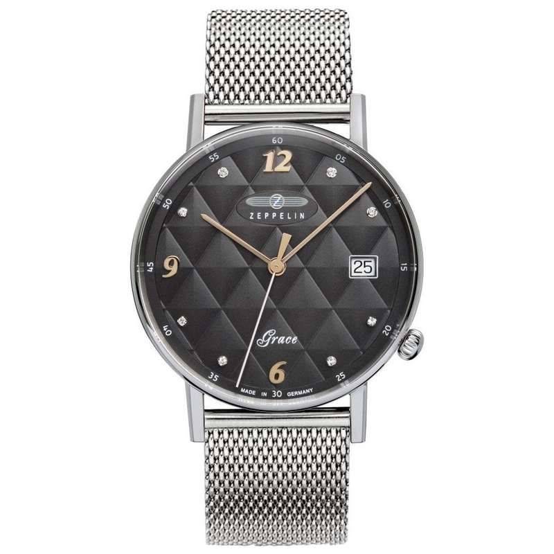 wow rrp R8,000.00 ZEPPELIN Germany Womens Grace SWAROVSKI Tufted Milanese Anthracite Date Watch