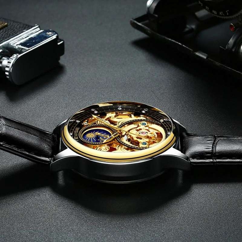 Retail: R1,999.00 TEVISE ® Men`s Pirogue II Leather Automatic Moonphase Gold Trim Watch BRAND NEW