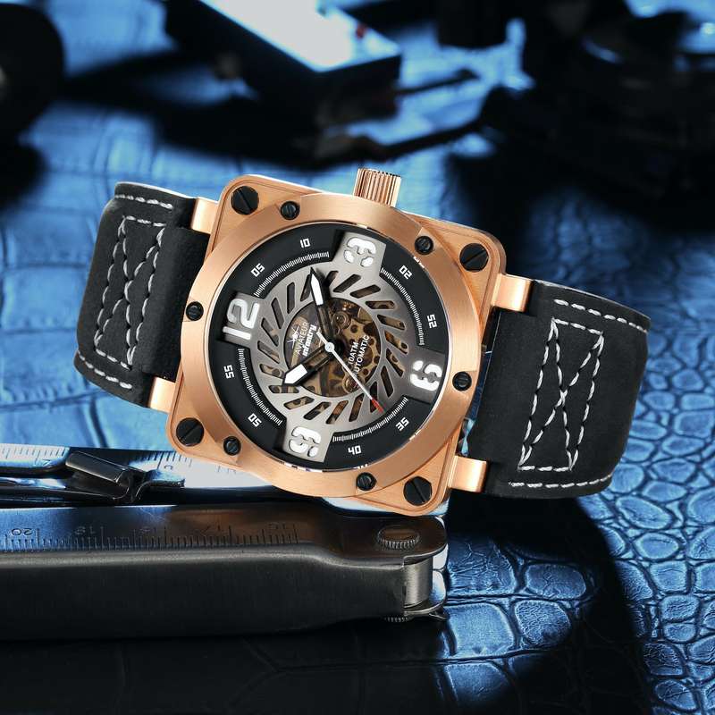 must see!!* R9k REVOLUTION® Men`s AUTOMATIC JET ENGINE TURBINE 48mm ROSE GOLD plated Watch NEW