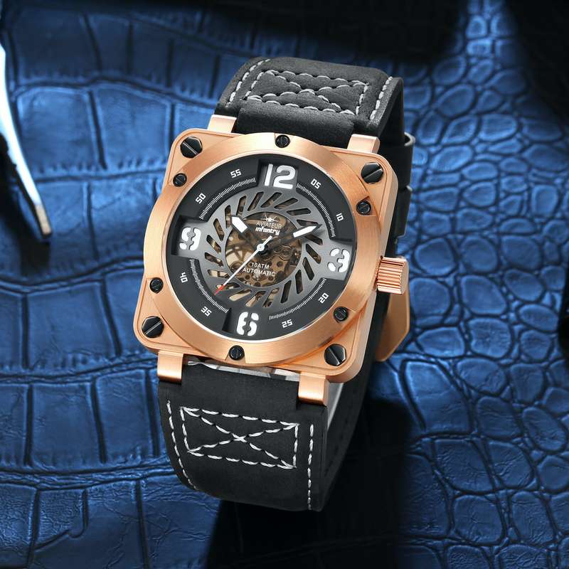 must see!!* R9k REVOLUTION® Men`s AUTOMATIC JET ENGINE TURBINE 48mm ROSE GOLD plated Watch NEW
