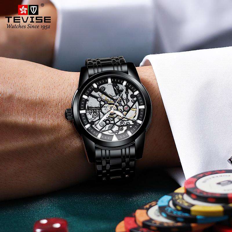 Retail: R2,399.00 TEVISE ® Men`s Skeleton II Classic Steel Black Watch BRAND NEW