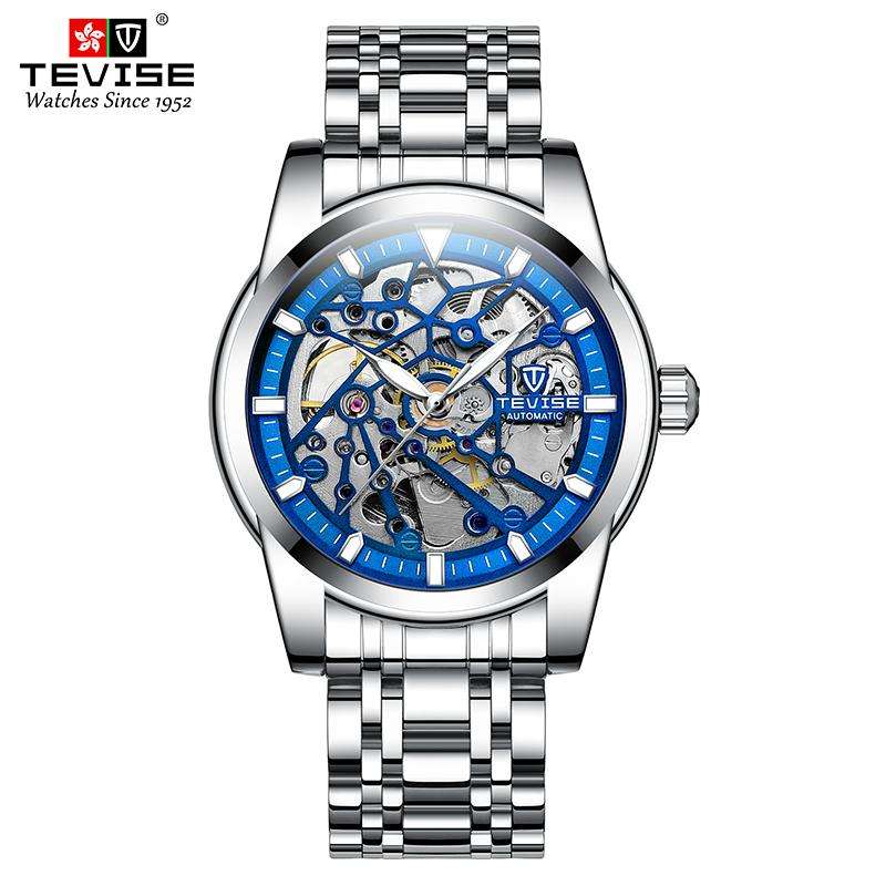 TEVISE ® Men`s Skeleton II Classic Steel Silver/blue Watch BRAND NEW