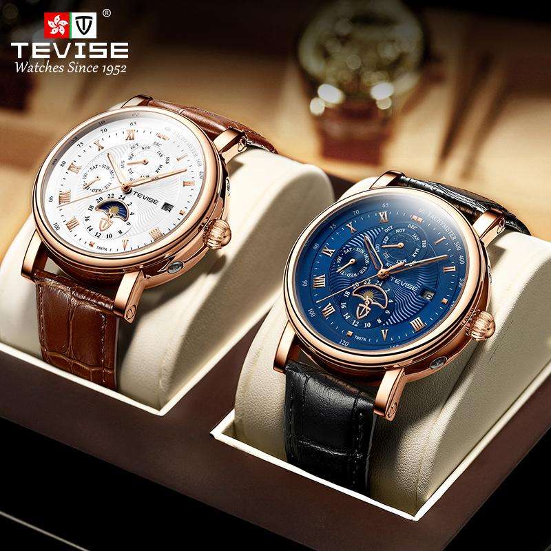 TEVISE ® Men`s Namura Classic Automatic Moonphase Rose Gold/Blue Watch BRAND NEW