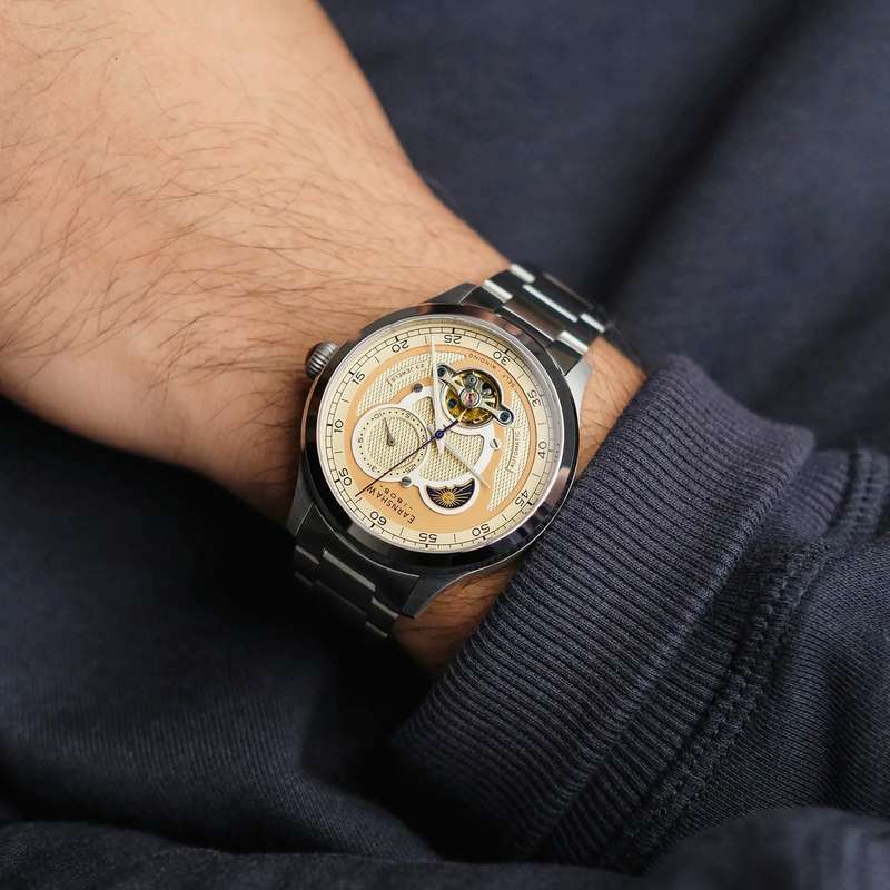 ***masterpiece*** rrp: R10,500.00 THOMAS EARNSHAW AUTOMATIC DAY/NIGHT OPEN HEART Rich Beige Watch