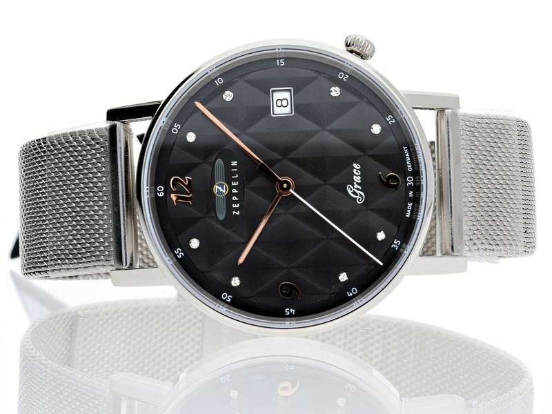 wow rrp R8,000.00 ZEPPELIN Germany Womens Grace SWAROVSKI Tufted Milanese Anthracite Date Watch