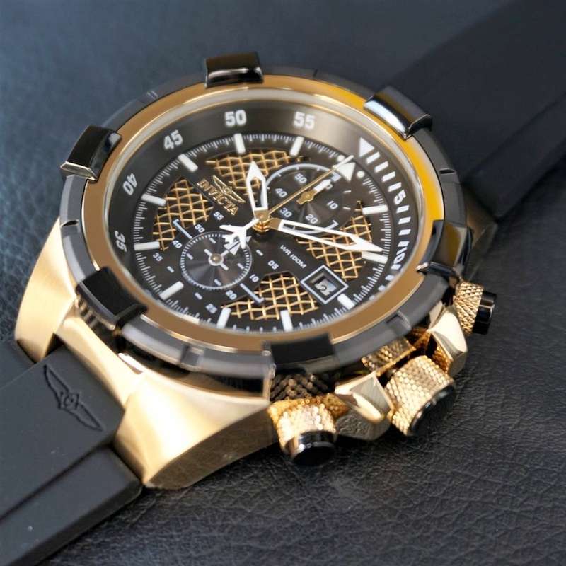 INVICTA Mens Pilot Cockpit Chrono Black/Gold Silicone Watch
