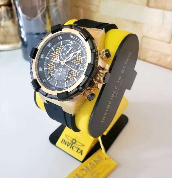 INVICTA Mens Pilot Cockpit Chrono Black/Gold Silicone Watch