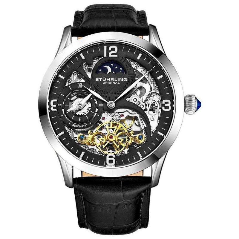 Retail: R8,999.00 STUHRLING ORIGINAL® Men`s Emperors AUTOMATIC Reserve Black Leather Watch NEW